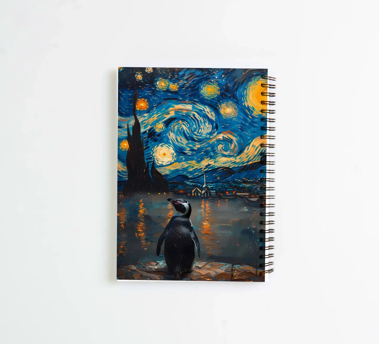 Penguin in Starry Night spiral notebook by Adrian Patel