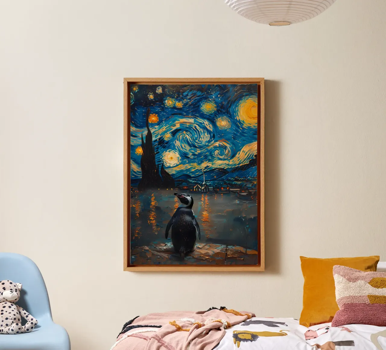 Penguin in Starry Night canvas with Floater frame by Adrian Patel