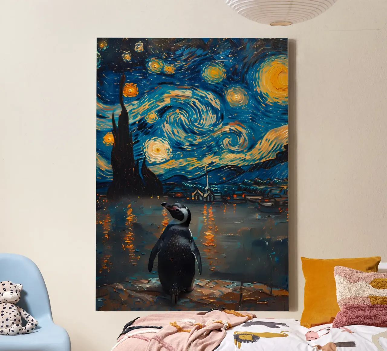 Penguin in Starry Night canvas with Floater frame by Adrian Patel