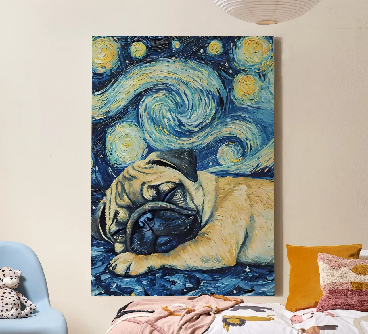 Cucciolo di carlino che dorme di notte tela con Cornice a cassetta da Adrian Patel