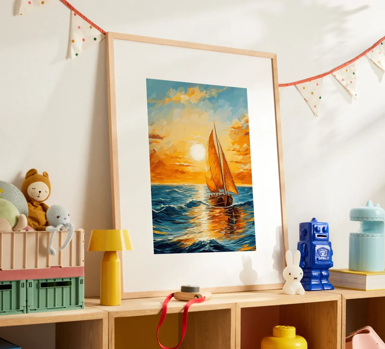 Tableau du coucher de soleil d'un voilier poster avec cadre en aluminium de Bartosz Powalka