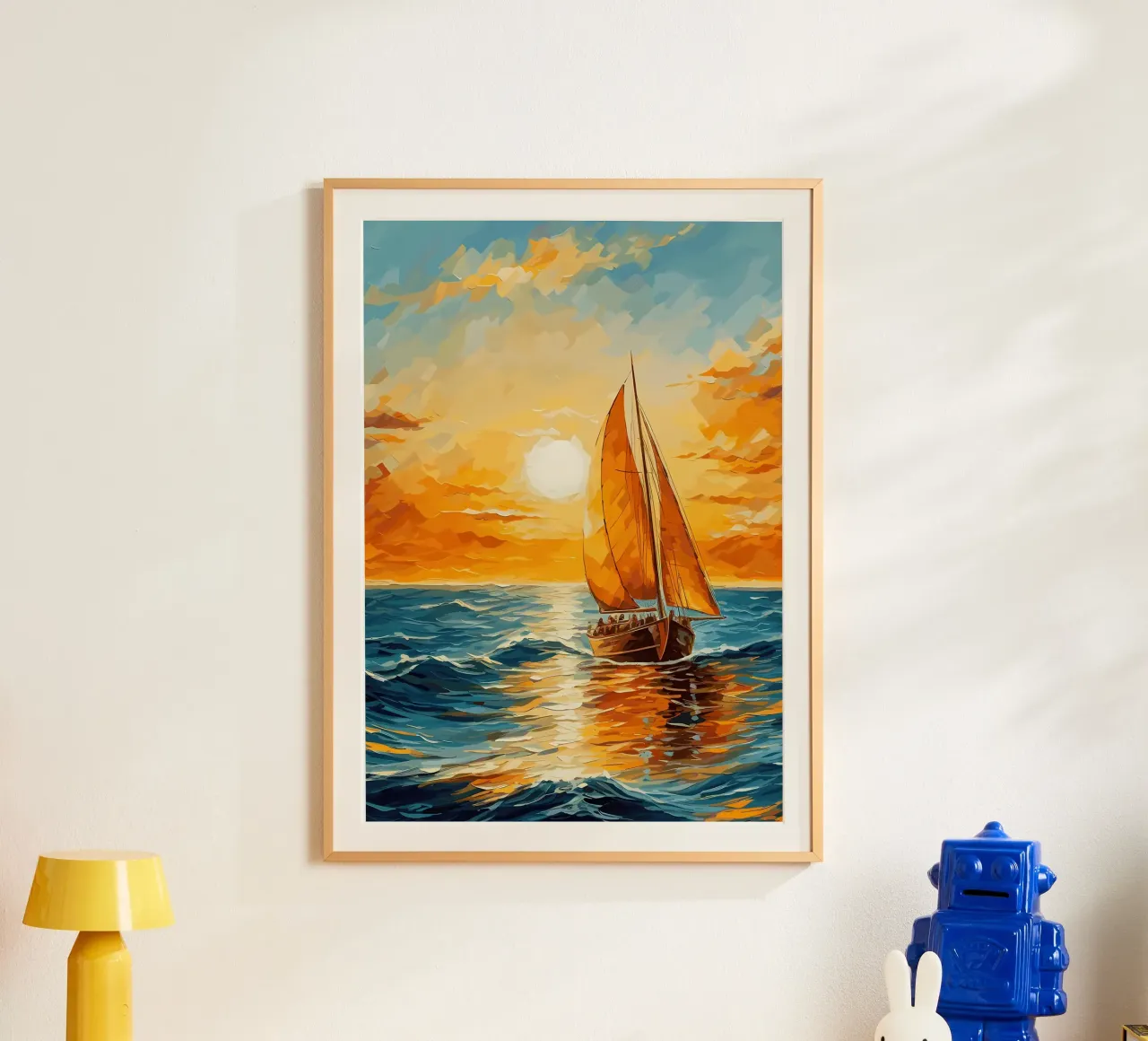 Tableau du coucher de soleil d'un voilier poster avec cadre en aluminium de Bartosz Powalka