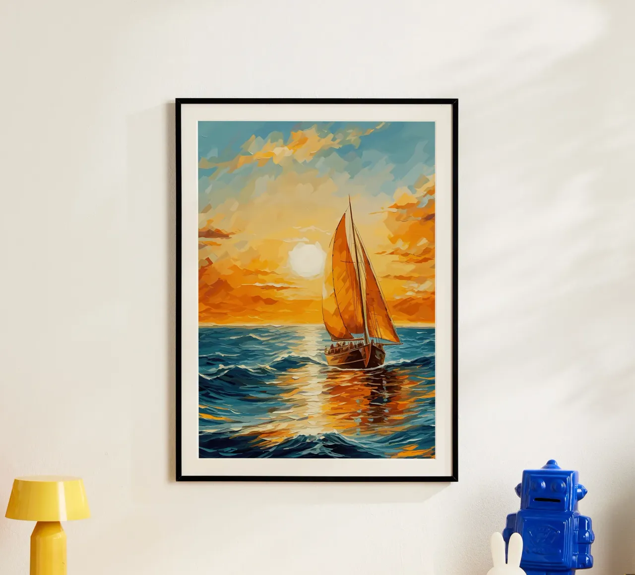 Tableau du coucher de soleil d'un voilier poster avec cadre en aluminium de Bartosz Powalka