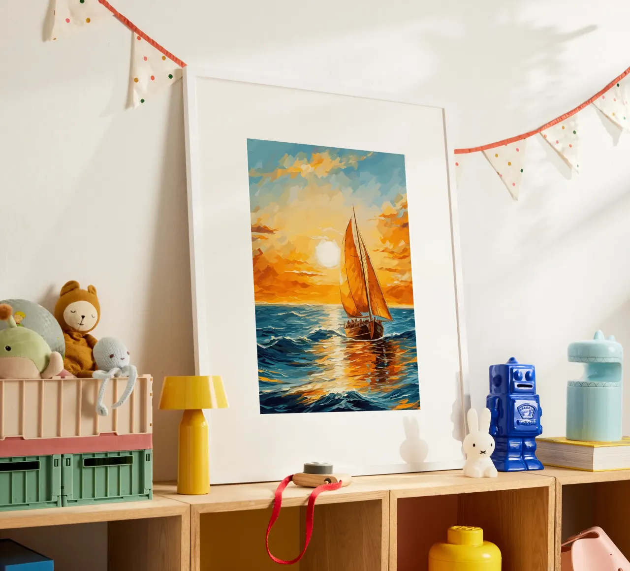 Tableau du coucher de soleil d'un voilier poster avec cadre en aluminium de Bartosz Powalka