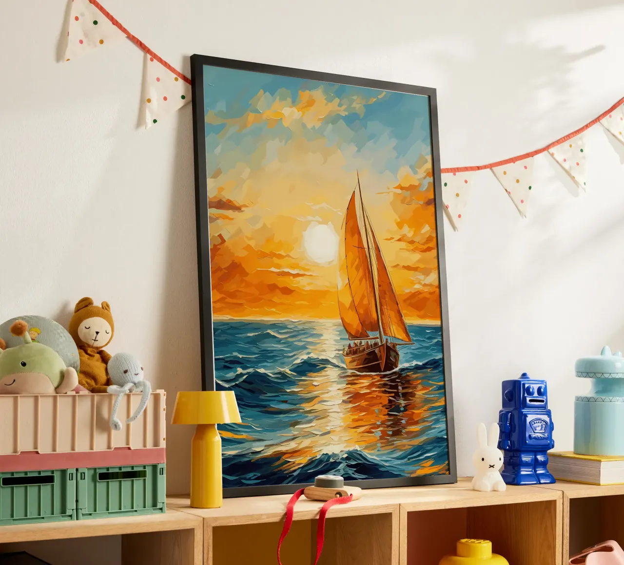 Tableau du coucher de soleil d'un voilier poster avec cadre en aluminium de Bartosz Powalka