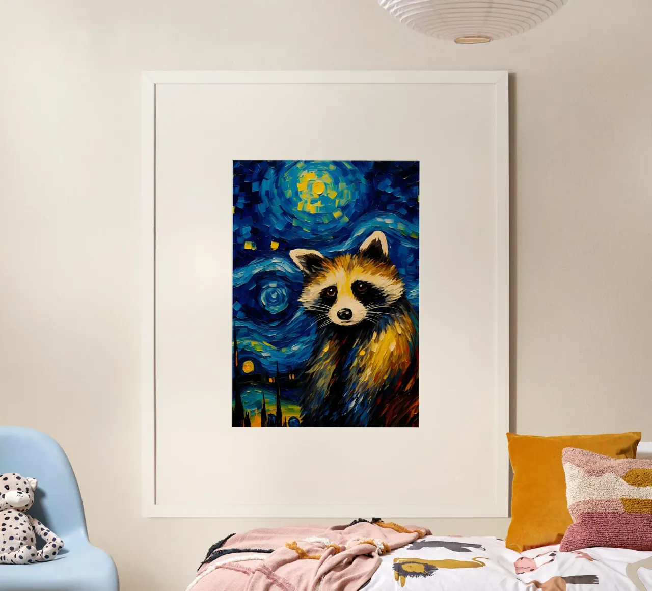 Il procione della notte stellata poster con telaio in plastica da Adrian Patel