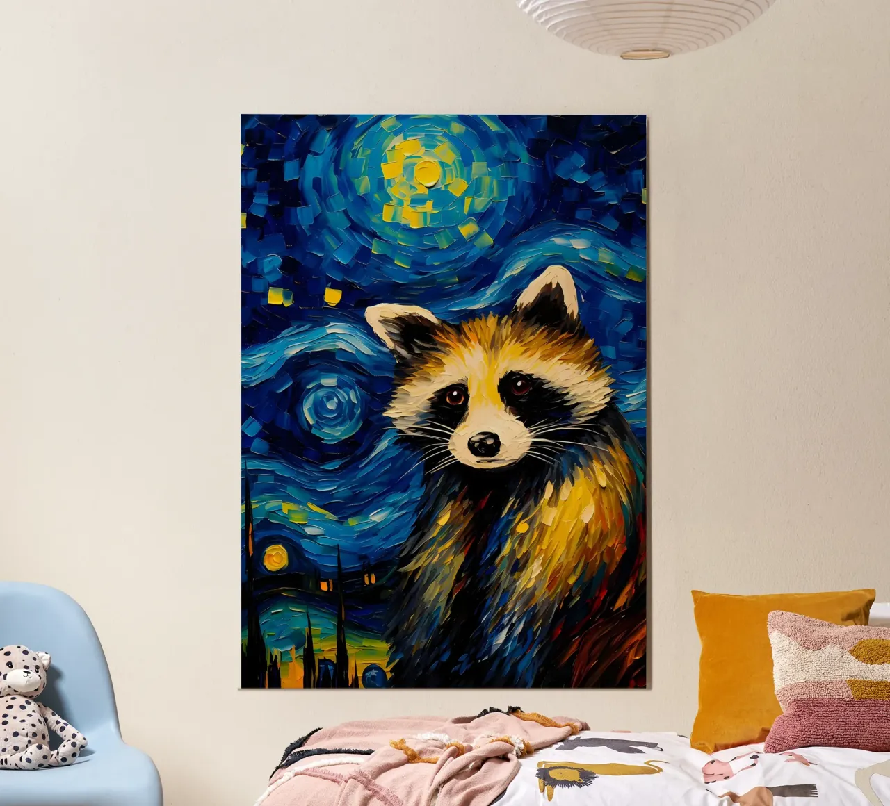 Il procione della notte stellata poster con telaio in plastica da Adrian Patel