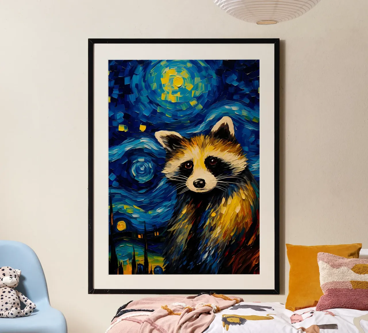 Il procione della notte stellata poster con telaio in plastica da Adrian Patel