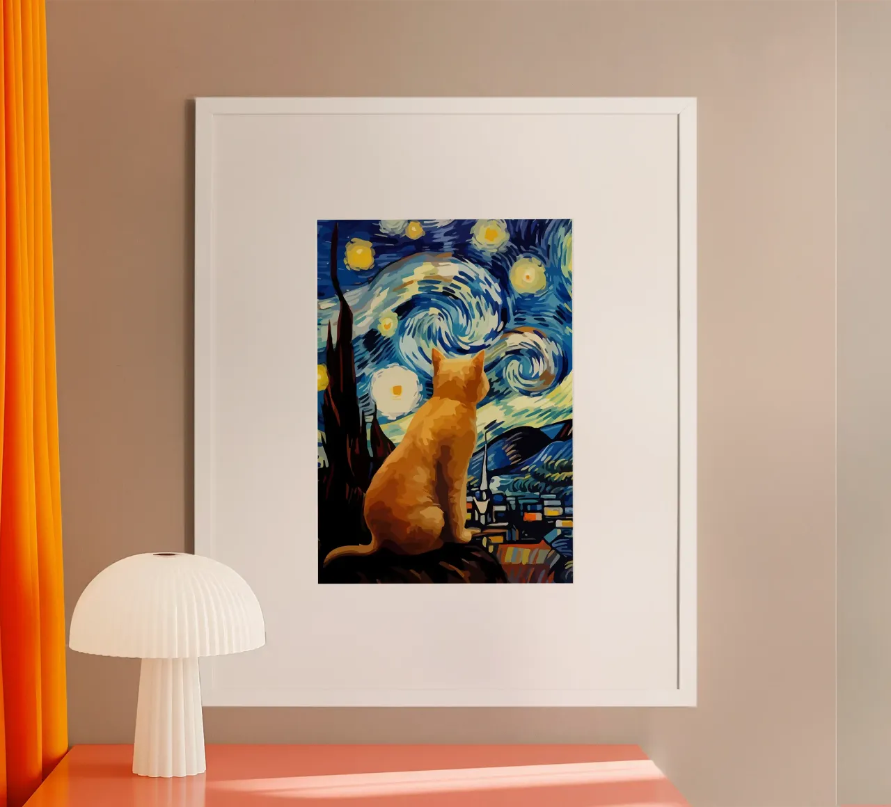 Gatto notturno stellato poster con telaio in alluminio da Adrian Patel