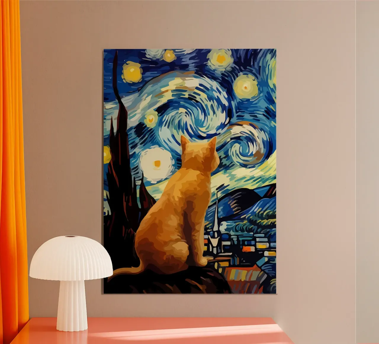 Gatto notturno stellato poster con telaio in alluminio da Adrian Patel