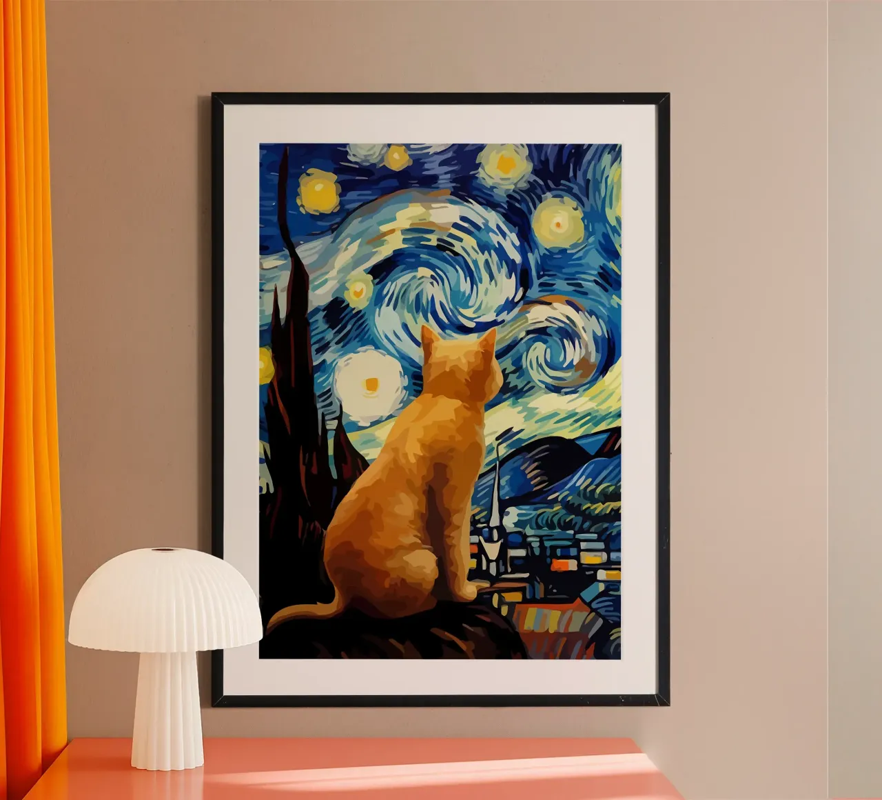 Gatto notturno stellato poster con telaio in alluminio da Adrian Patel