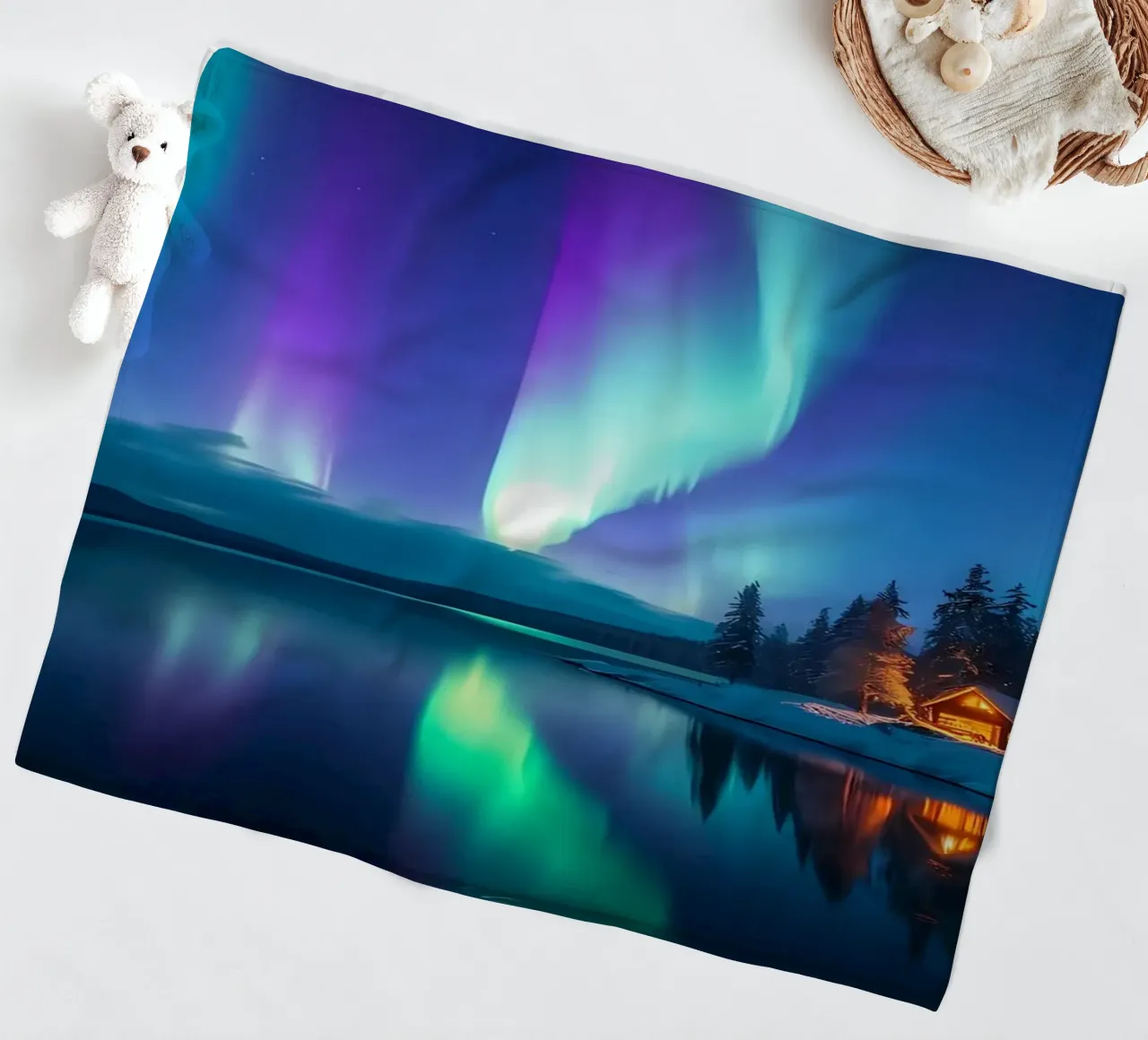L'Aurora Boreale sopra una baita sul lago coperta in pile da Matthew Katz
