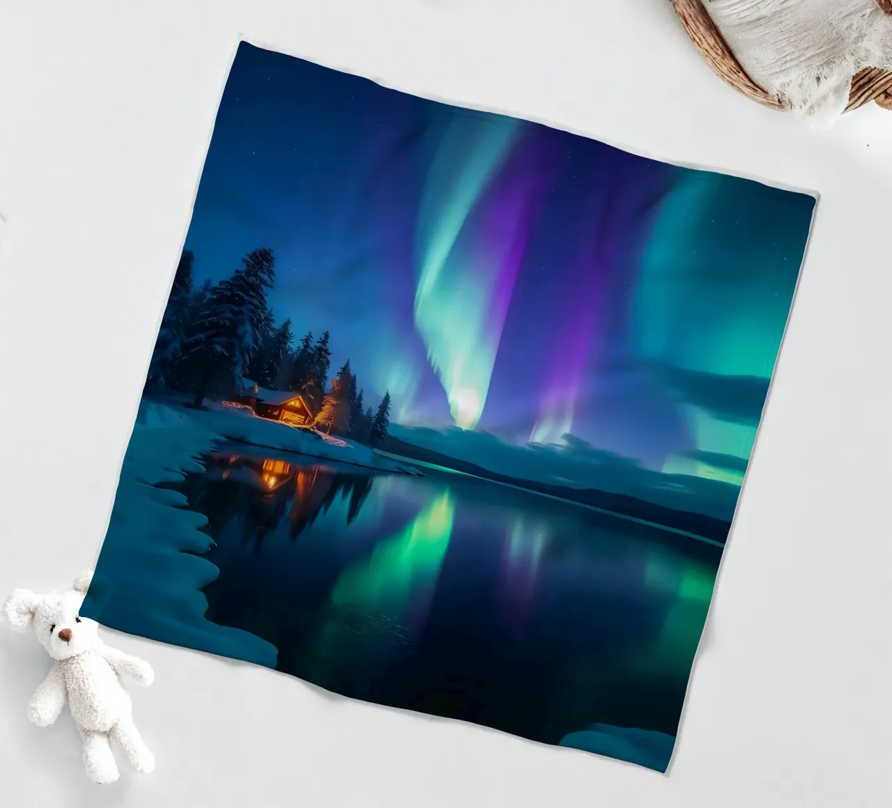 L'Aurora Boreale sopra una baita sul lago coperta in pile da Matthew Katz