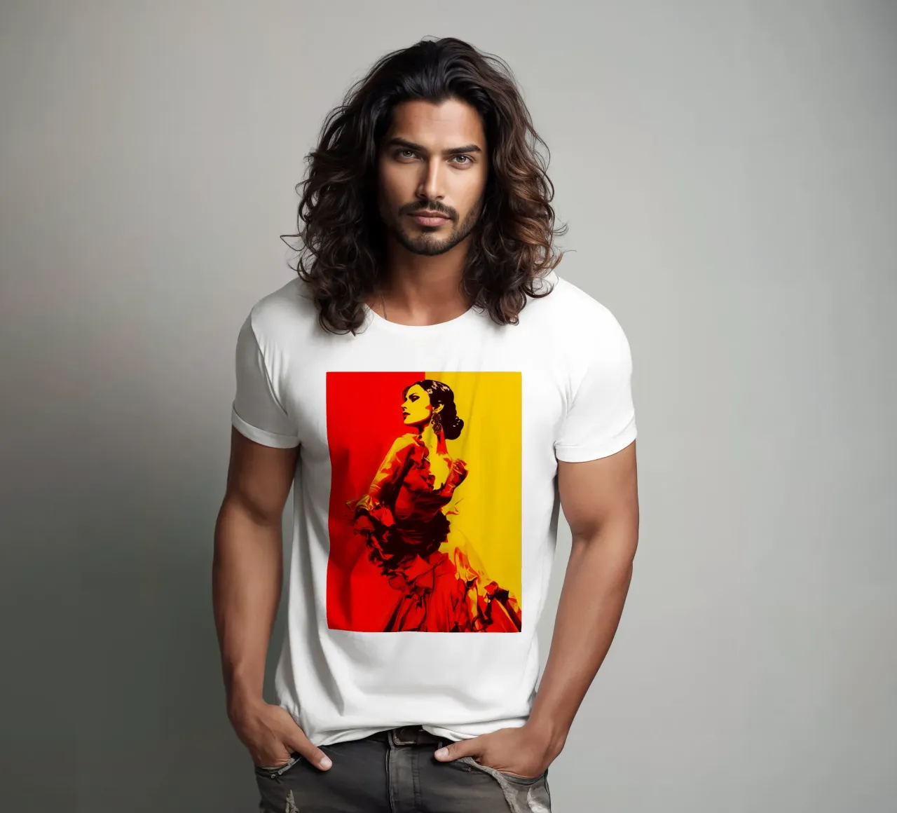 Flamenco First | Ballerina di flamenco stilizzata in giallo e rosso t-shirt da Autofocus