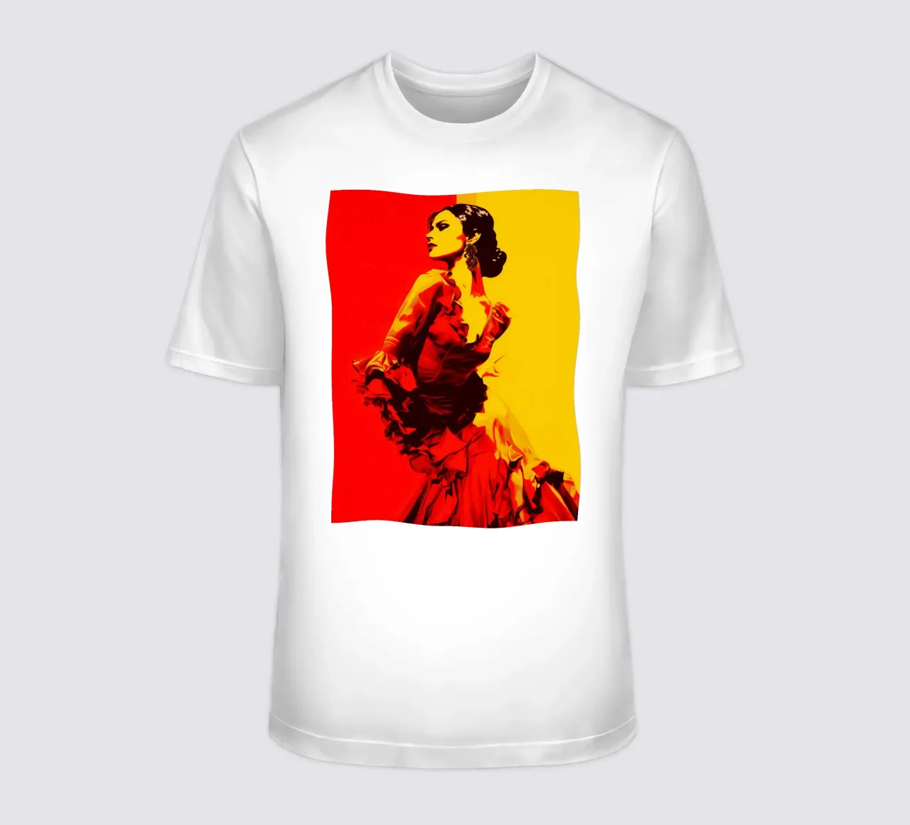 Flamenco First | Ballerina di flamenco stilizzata in giallo e rosso t-shirt da Autofocus