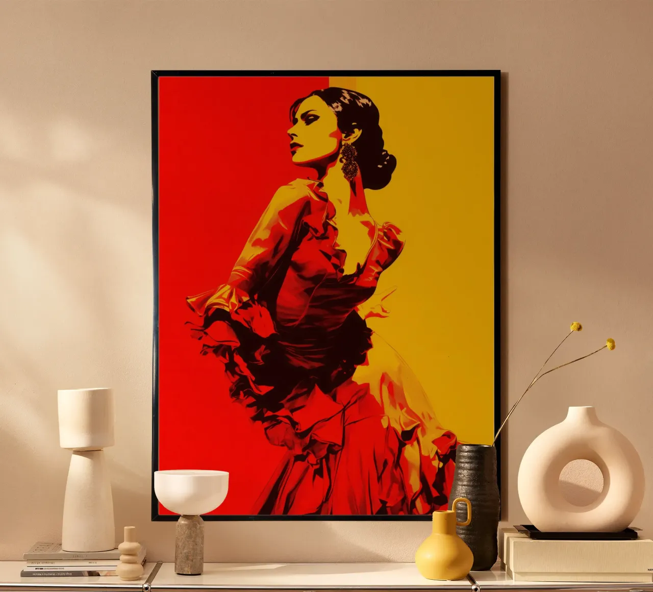 Flamenco First | Ballerina di flamenco stilizzata in giallo e rosso carta hahnemühle da Autofocus