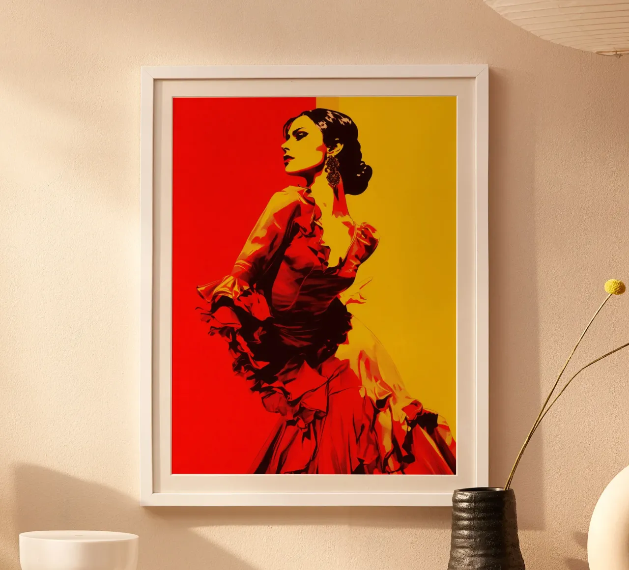 Flamenco First | Ballerina di flamenco stilizzata in giallo e rosso poster da Autofocus