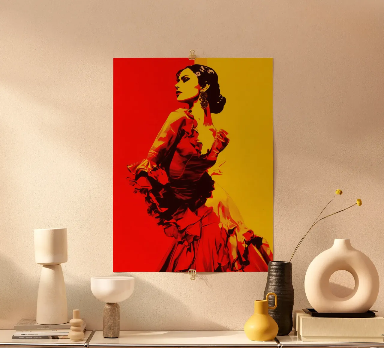 Flamenco First | Ballerina di flamenco stilizzata in giallo e rosso poster da Autofocus