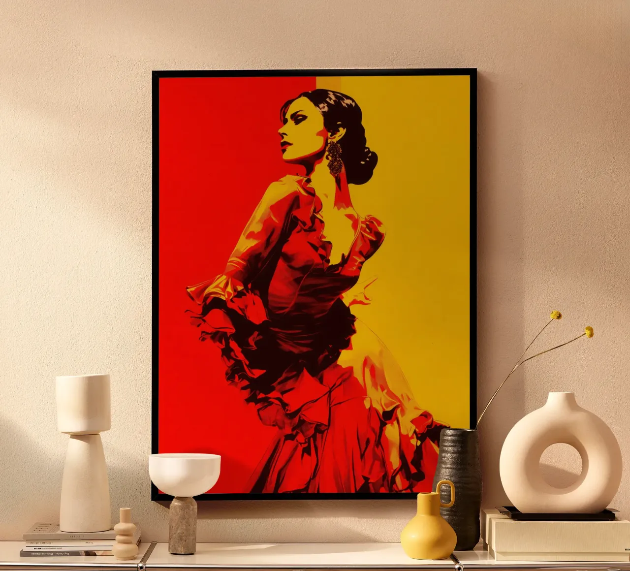 Flamenco First | Ballerina di flamenco stilizzata in giallo e rosso carta hahnemühle da Autofocus