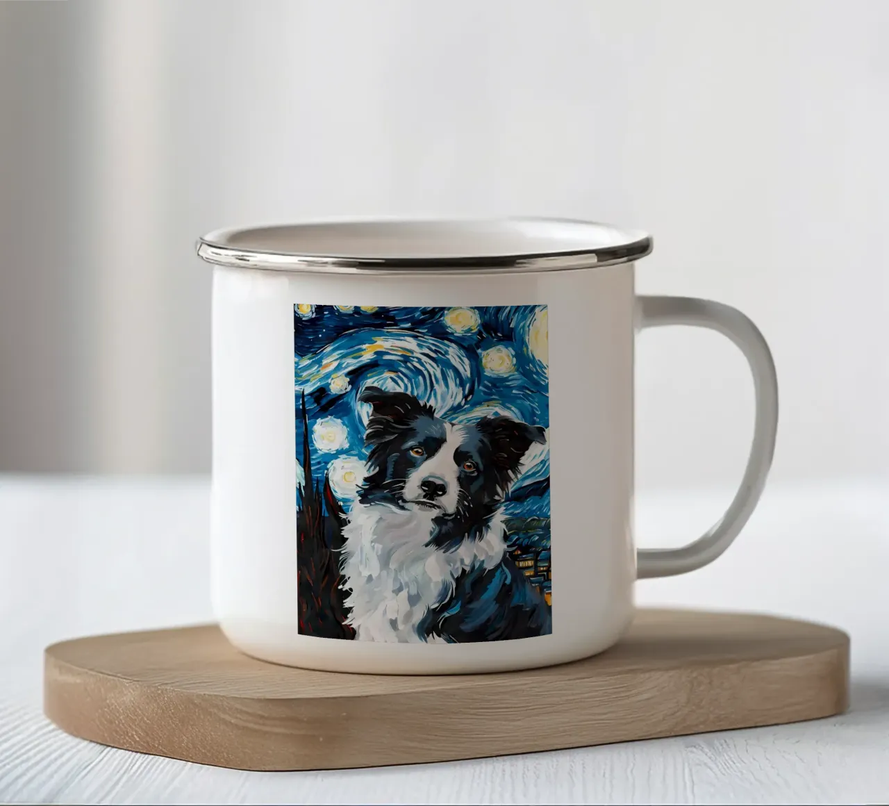Border Collie Notte stellata tazza in smalto da Adrian Patel