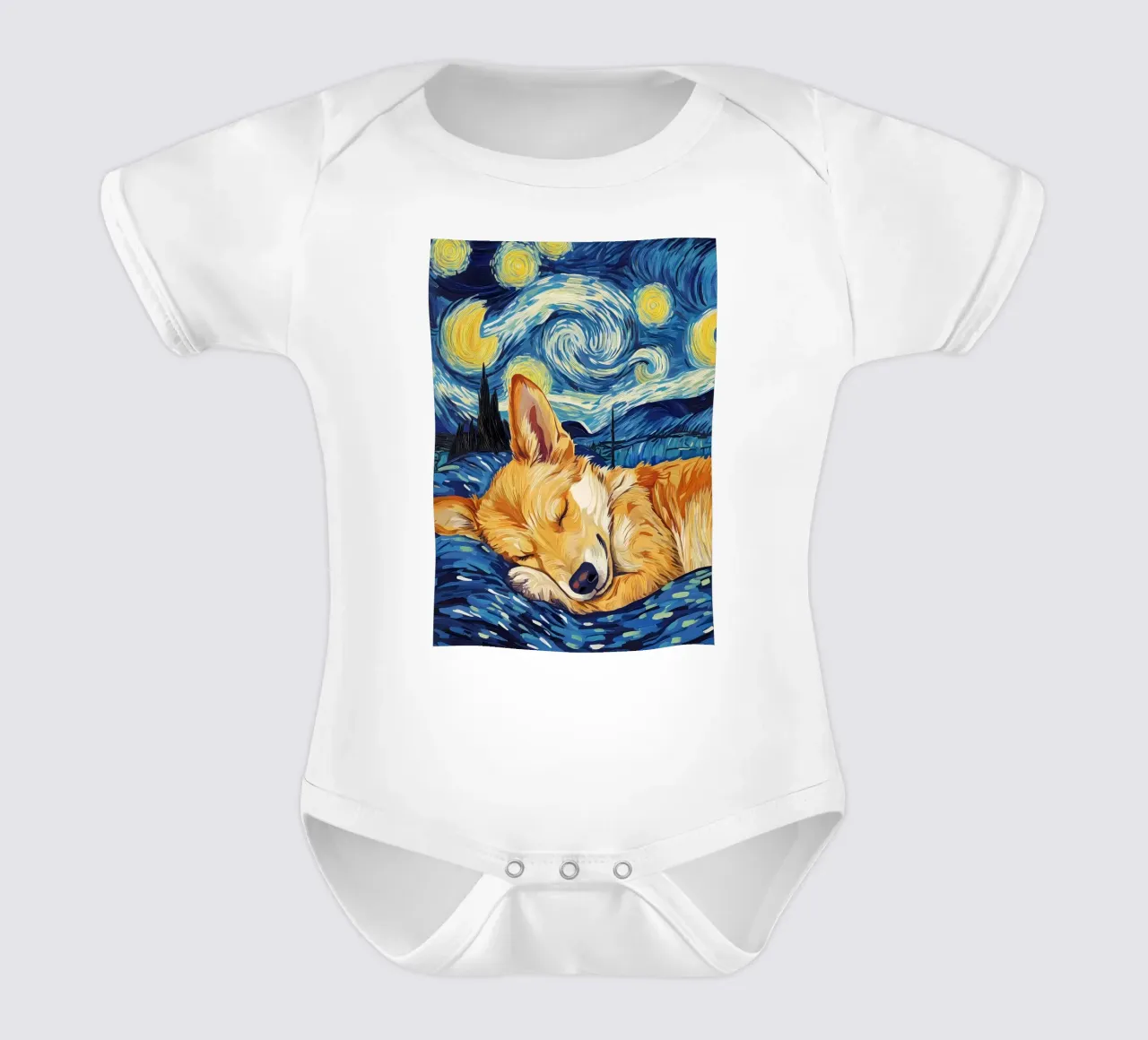 Corgi nella notte stellata body neonato maniche corte da Adrian Patel