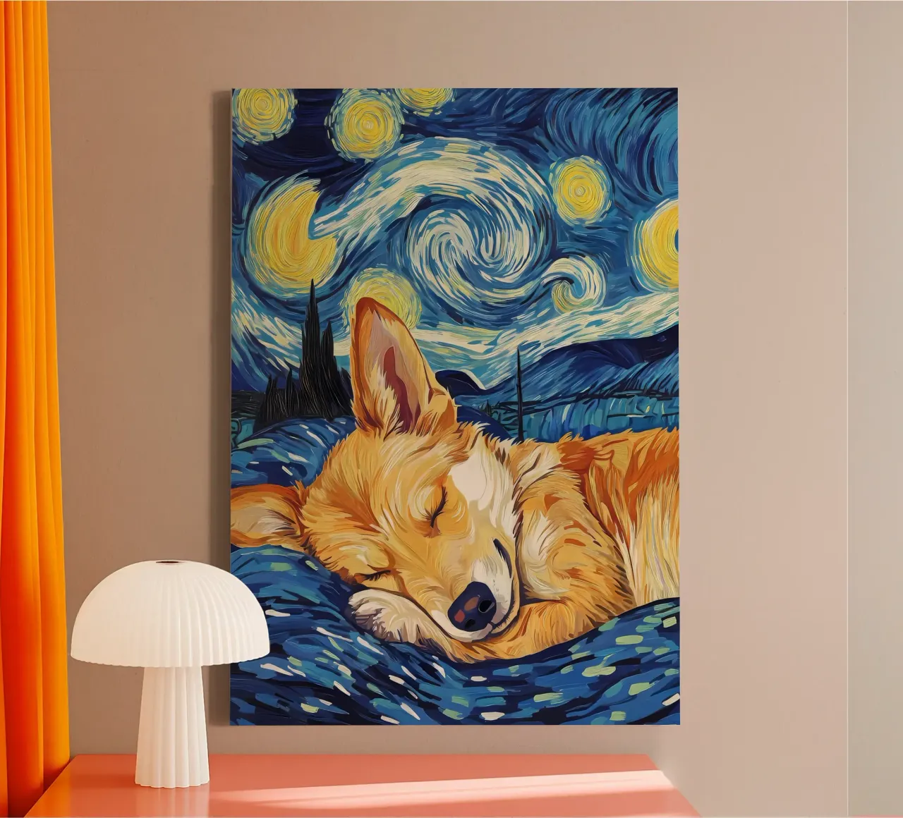 Corgi nella notte stellata tela con Cornice a cassetta da Adrian Patel