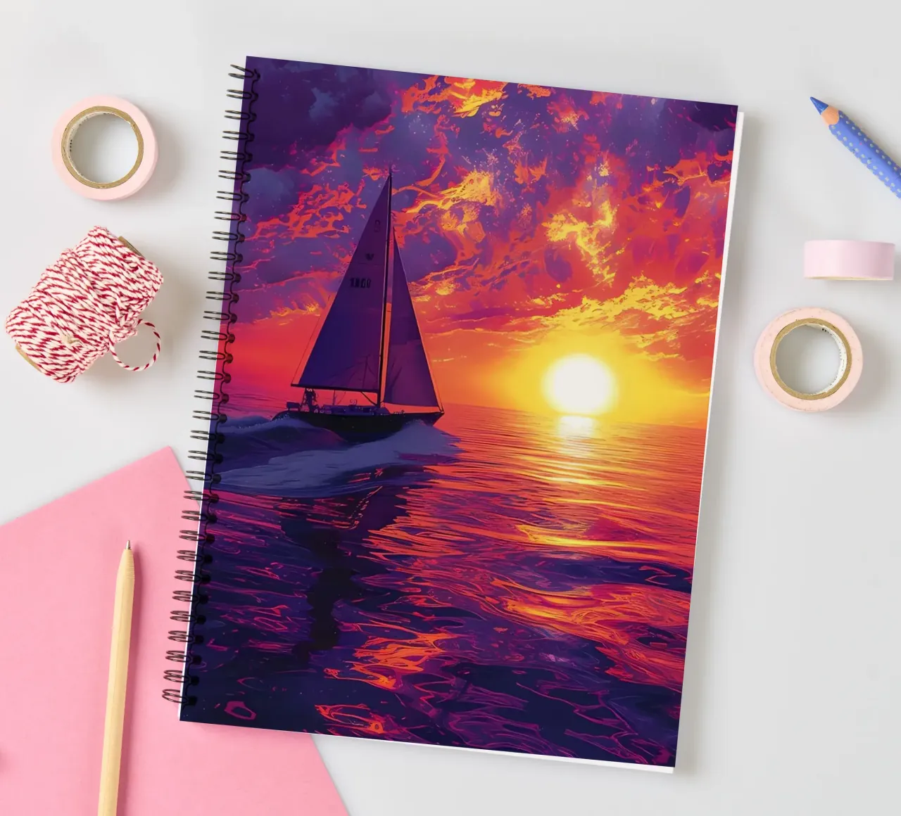 Sailboat Sunset Painting spiral notebook by Bartosz Powalka