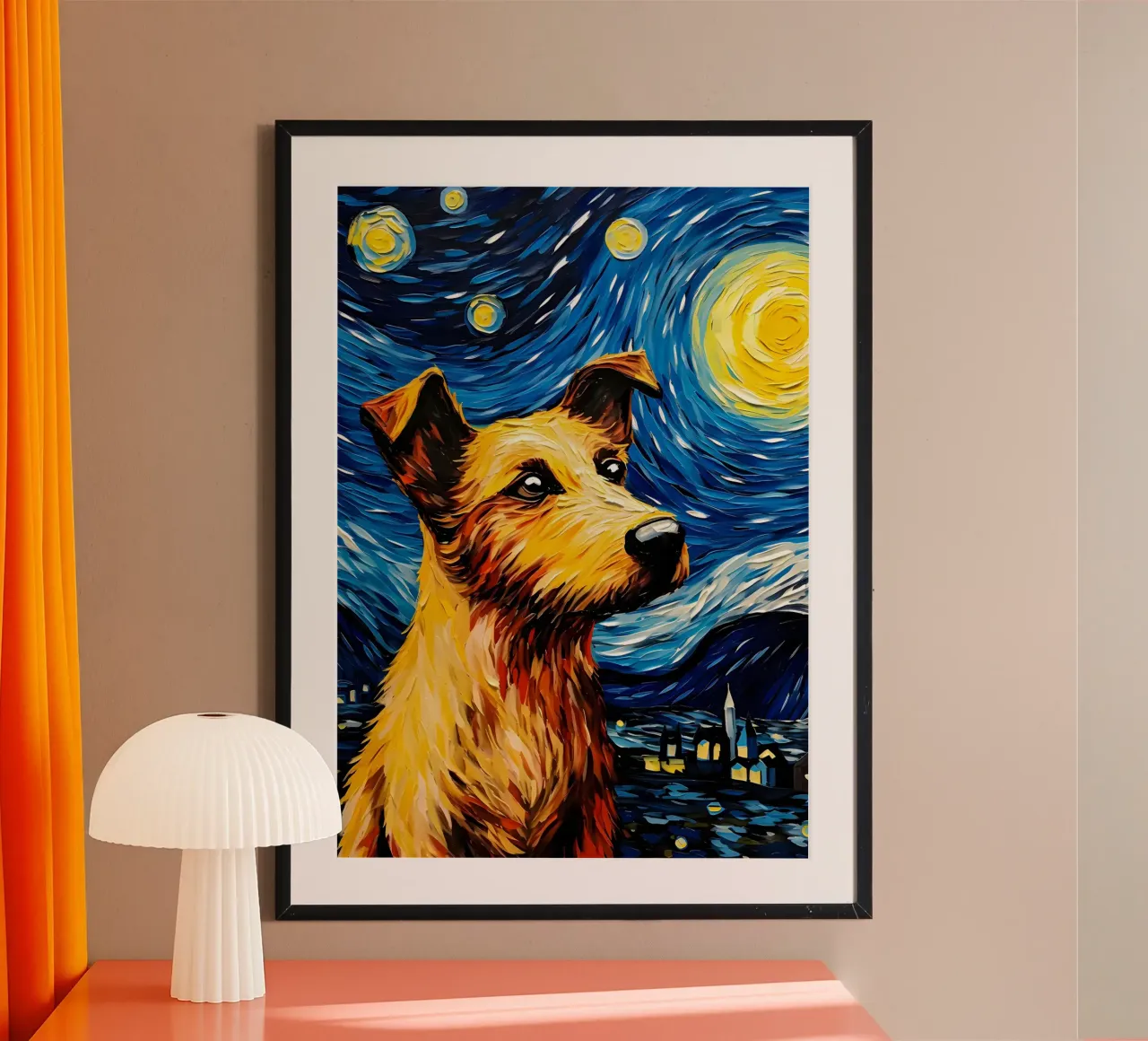 Il cane della notte stellata poster con telaio in legno da Adrian Patel