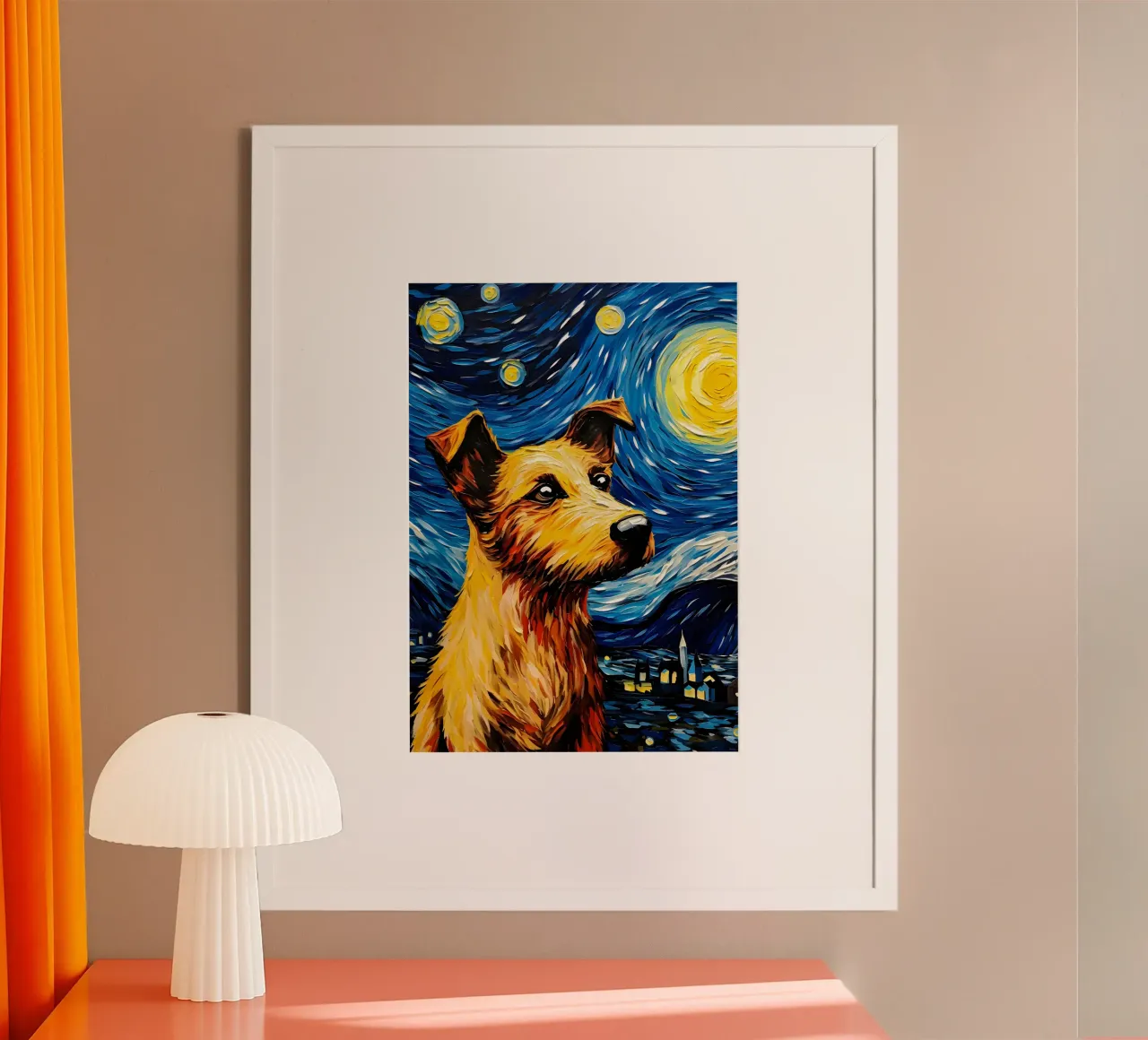 Il cane della notte stellata poster con telaio in legno da Adrian Patel