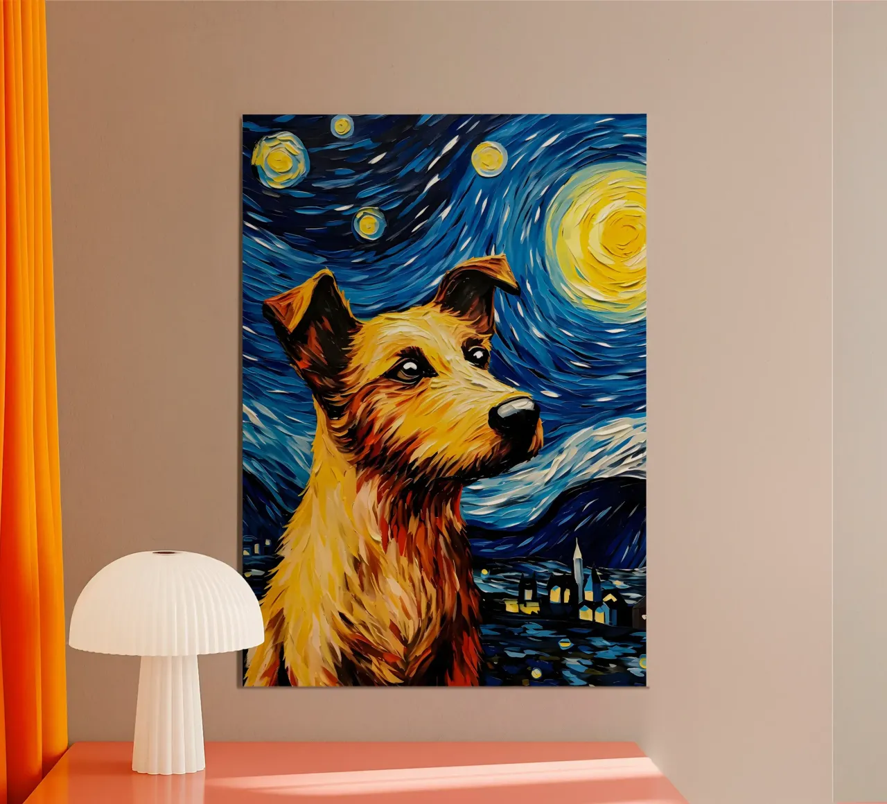Il cane della notte stellata poster con telaio in legno da Adrian Patel