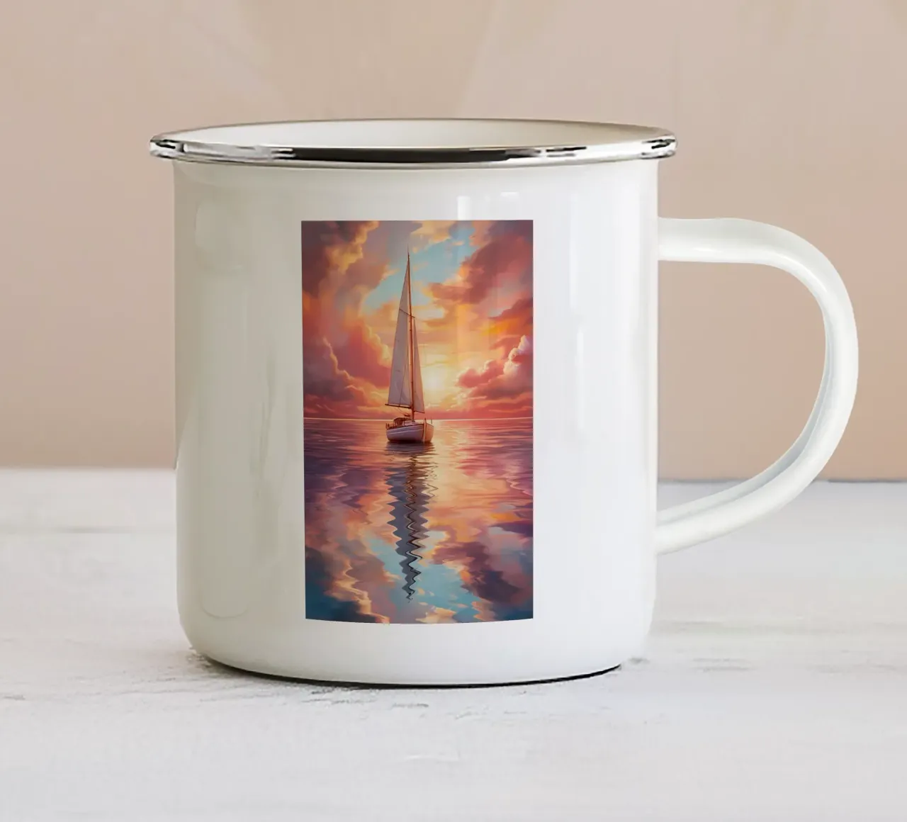 Zeilboot Zonsondergang Schilderen emaille mok van Bartosz Powalka