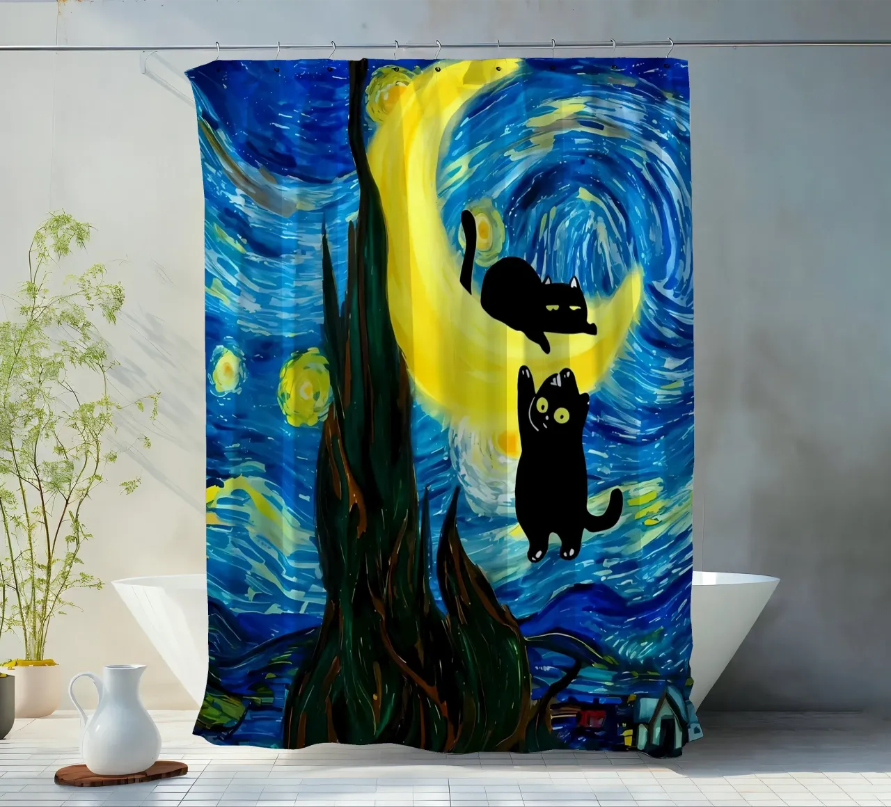 Gatos en la luna creciente cortina de baño de Adrian Patel