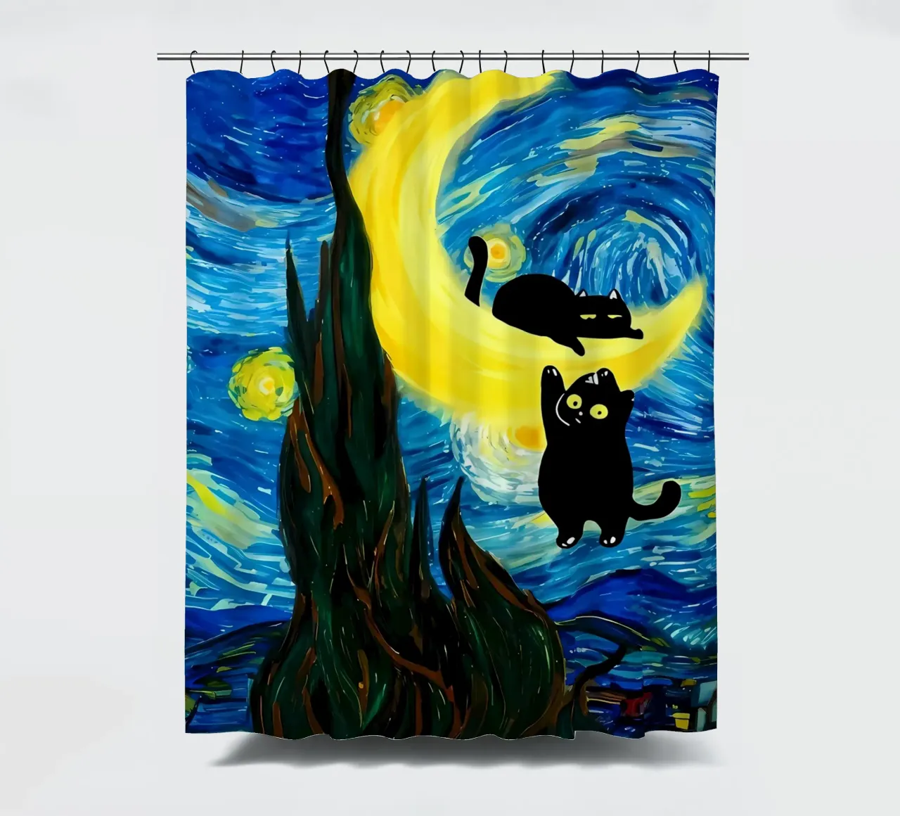 Gatos en la luna creciente cortina de baño de Adrian Patel