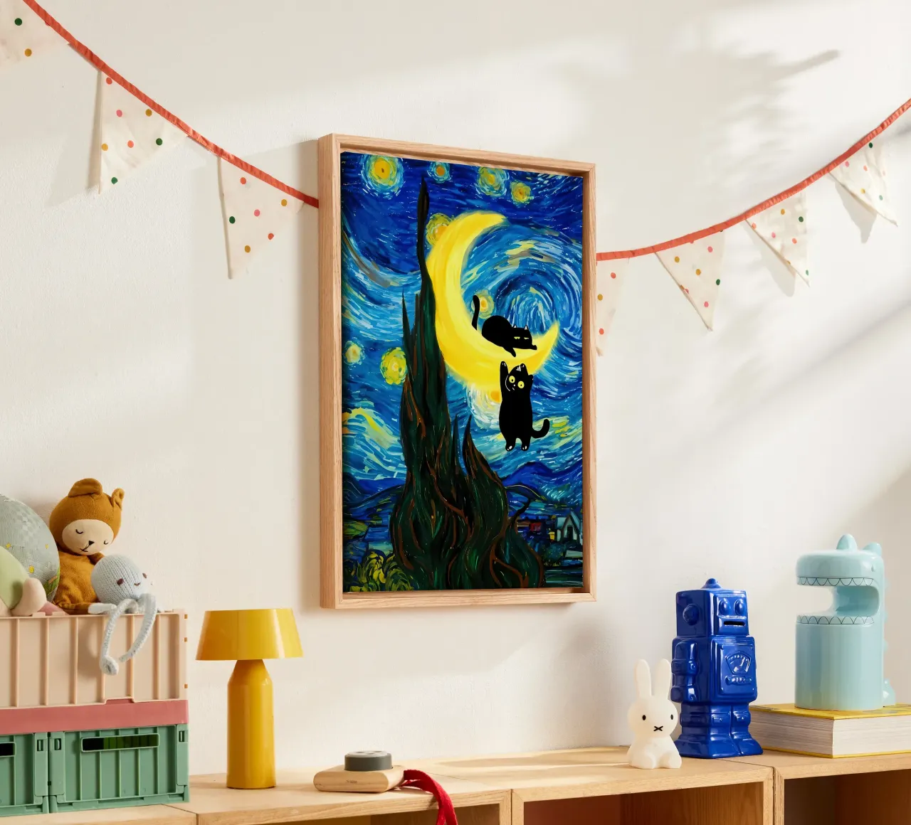 Cats on the Crescent Moon canvas with Floater frame by Adrian Patel