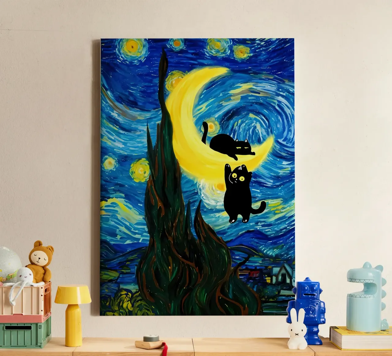 Cats on the Crescent Moon canvas with Floater frame by Adrian Patel