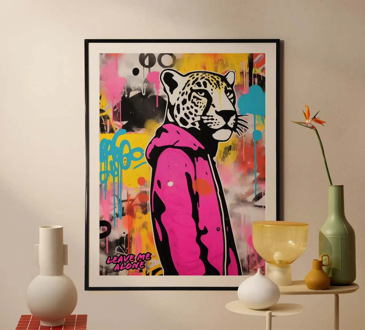 La Pantera Rosa vuole la sua pace e tranquillità | Street Art poster con telaio in legno da Autofocus