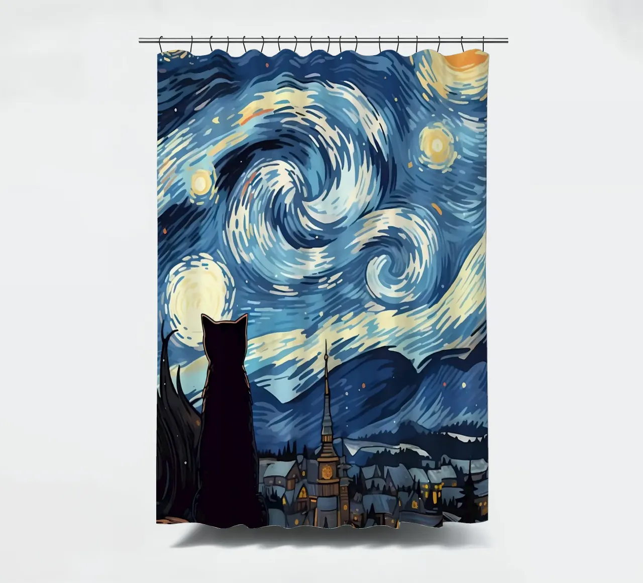 Cat Starry Night Van Gogh shower curtain by Adrian Patel