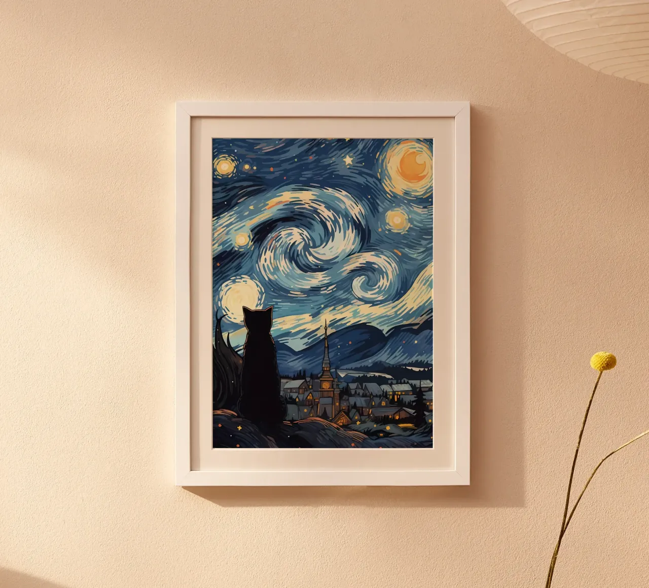 Gatto Notte stellata Van Gogh poster con telaio in plastica da Adrian Patel