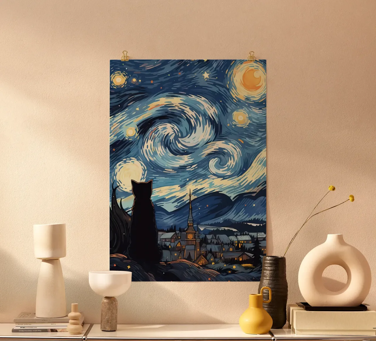 Gatto Notte stellata Van Gogh poster con telaio in plastica da Adrian Patel
