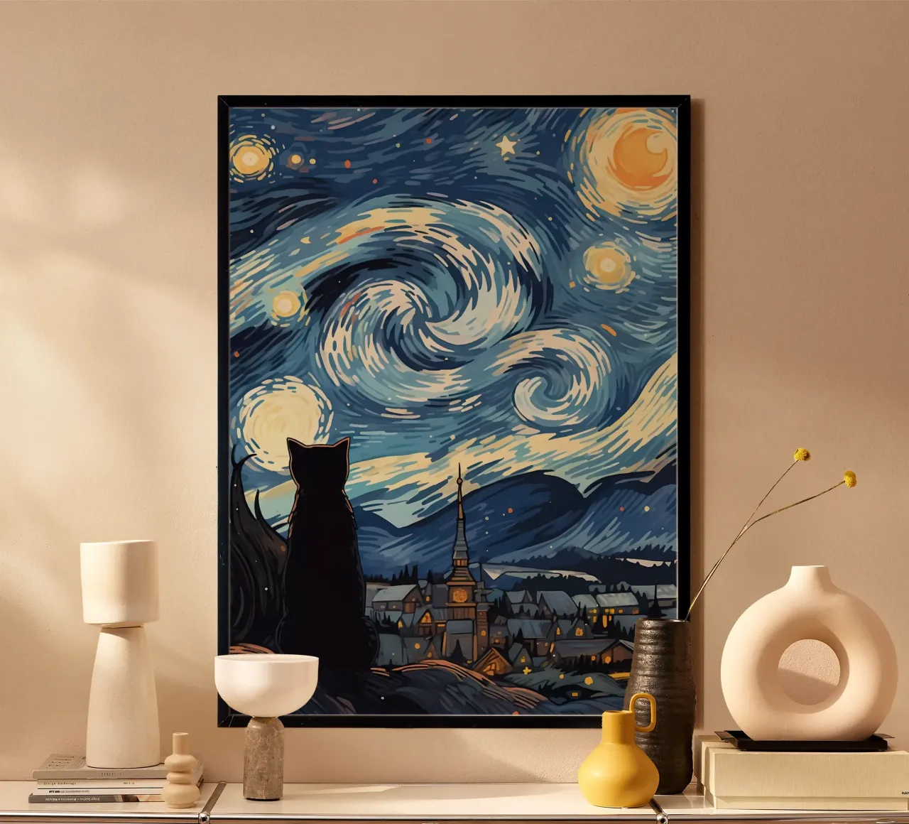 Gatto Notte stellata Van Gogh poster con telaio in plastica da Adrian Patel