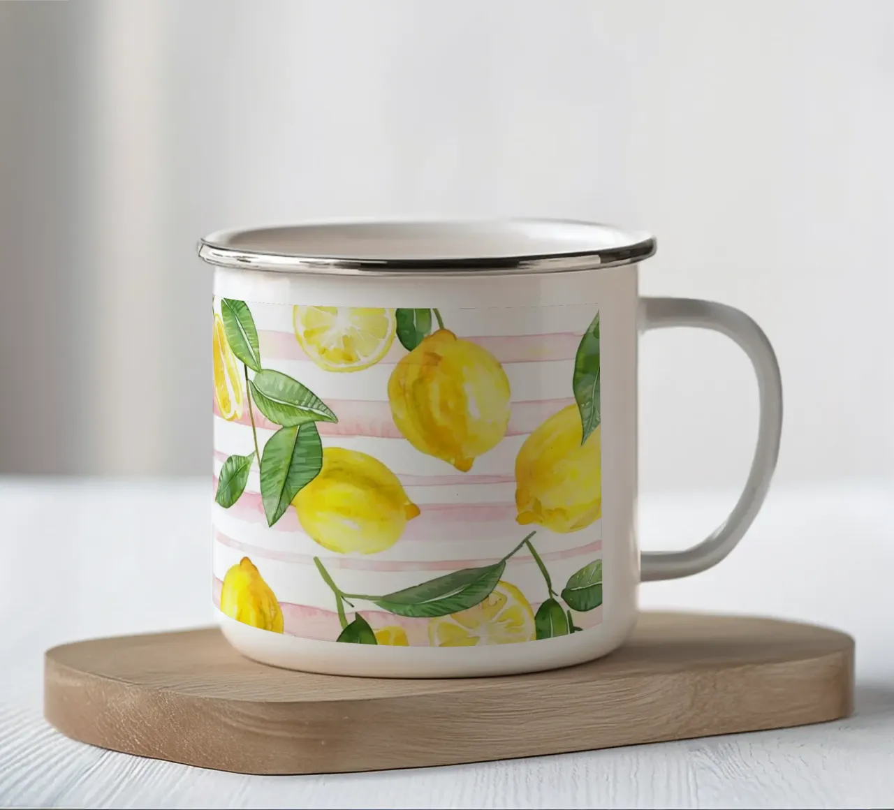 Lemons and Pink Stripes tazza in smalto da Sunflower Soul Studio