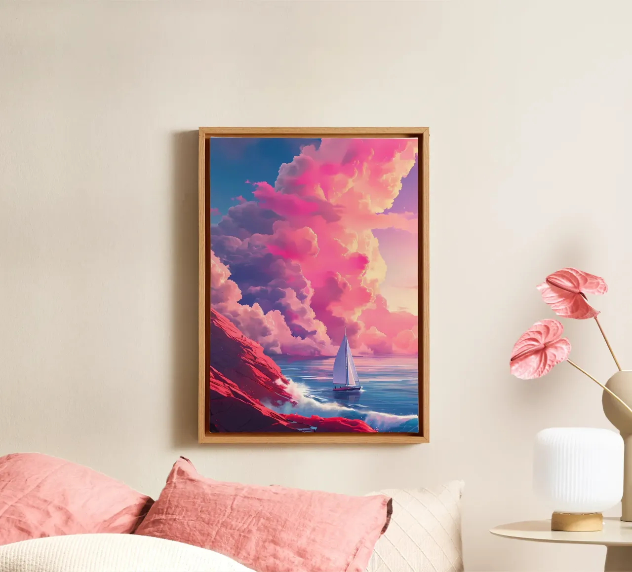 Sunset Sailing Pink Clouds canvas with Floater frame by Bartosz Powalka