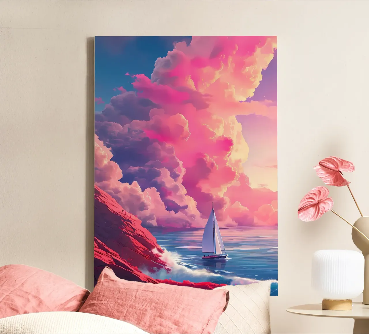 Sunset Sailing Pink Clouds canvas with Floater frame by Bartosz Powalka