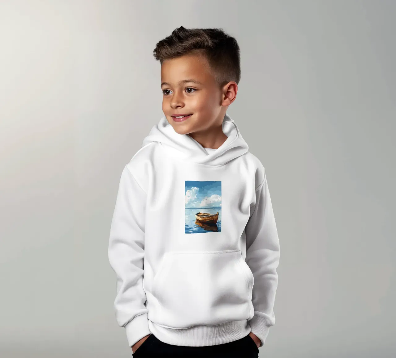 Wooden Boat on Calm Water kids hoodie by Bartosz Powalka