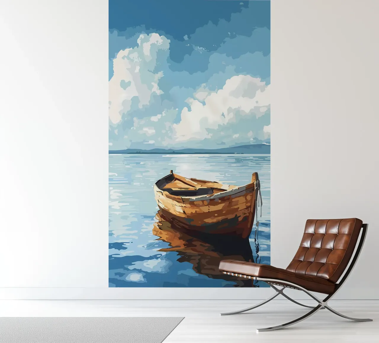 Holzboot auf ruhigem Wasser Fototapete von Bartosz Powalka