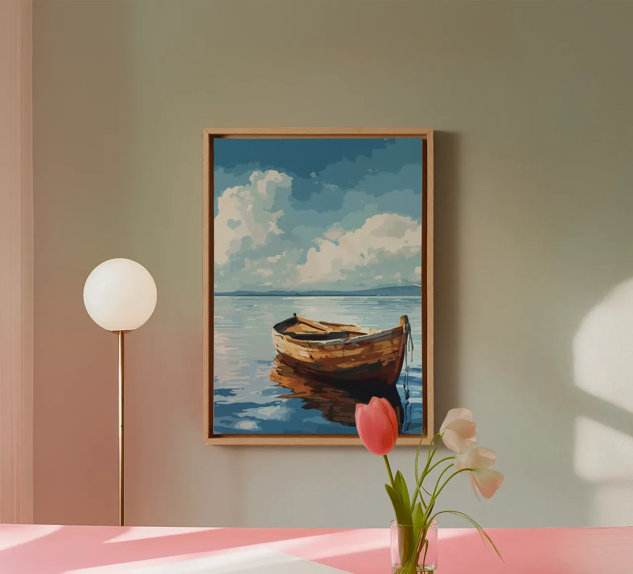 Houten boot op rustig water canvas van Bartosz Powalka