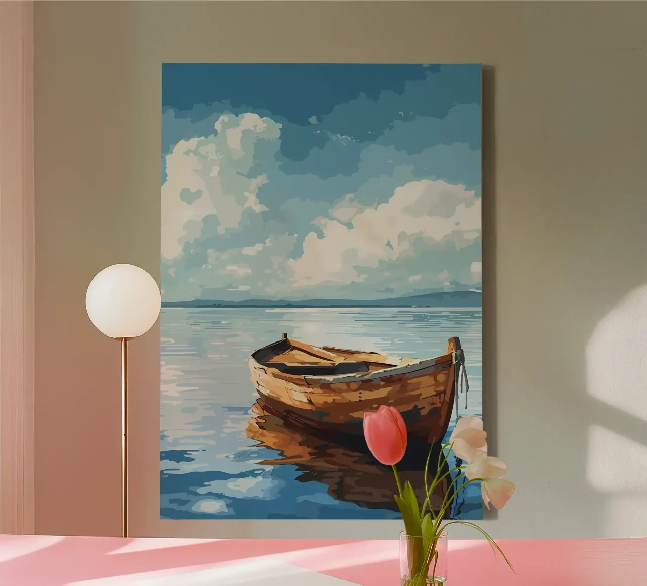 Houten boot op rustig water canvas van Bartosz Powalka