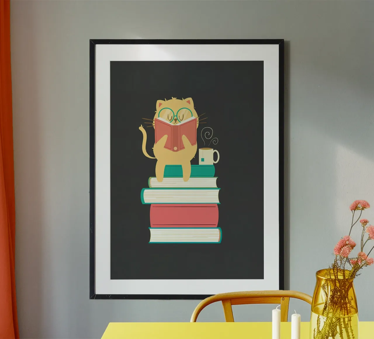 Libro divertente sul gatto che legge poster con telaio in alluminio da Aiden Garcia