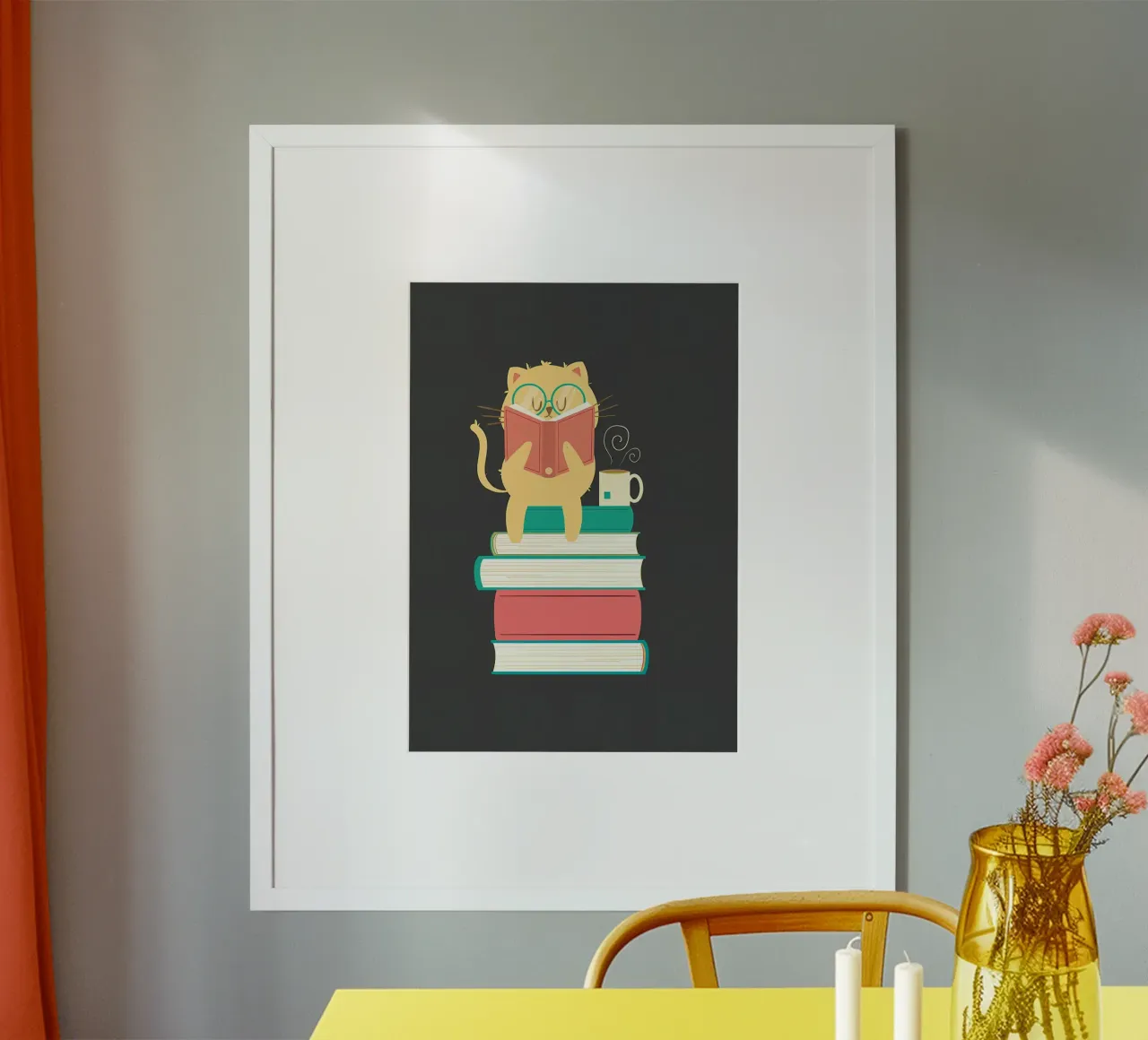 Libro divertente sul gatto che legge poster con telaio in alluminio da Aiden Garcia