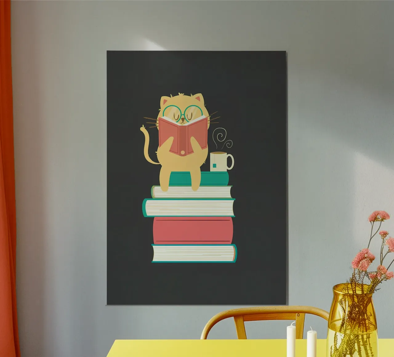 Libro divertente sul gatto che legge poster con telaio in alluminio da Aiden Garcia